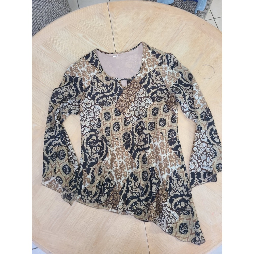Unbranded Asymmetric Top Women M Brown Y2K Bell Sleeve Paisley Mesh
